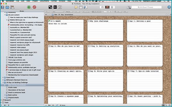Screenshot of Corkboard with each day mapped out