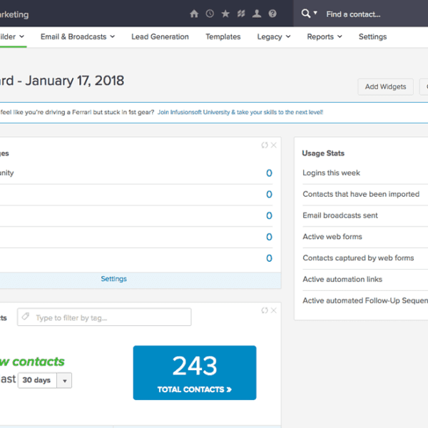 Screenshot of Infusionsoft dashboard