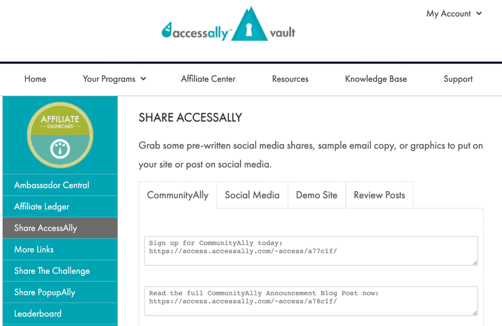 Screenshot of affiliate center