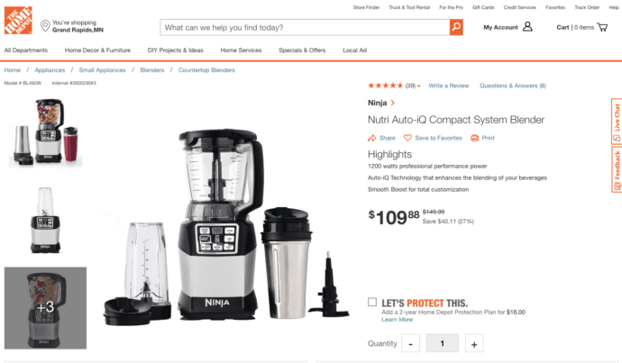 Screenshot of home depot blender order form