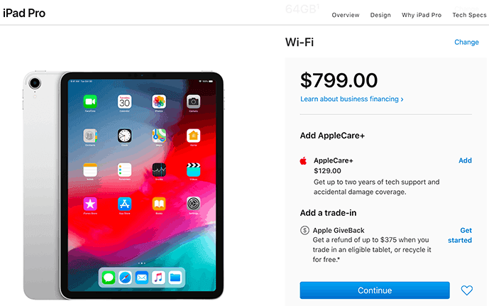 Screenshot of Apple ipad order bump with extra