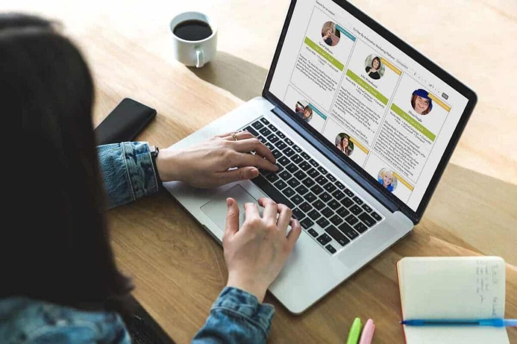 Woman in front of a laptop searching on a directory