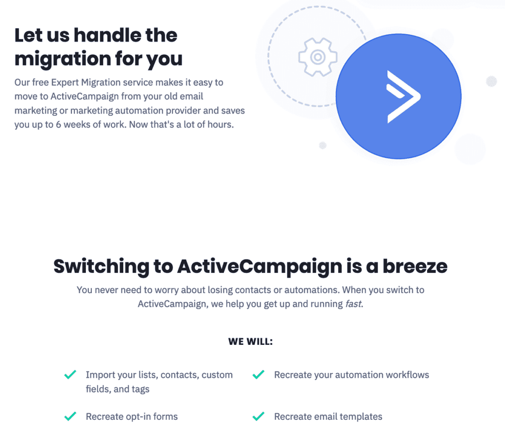 Screenshot of ActiveCampaign Free Migration Service