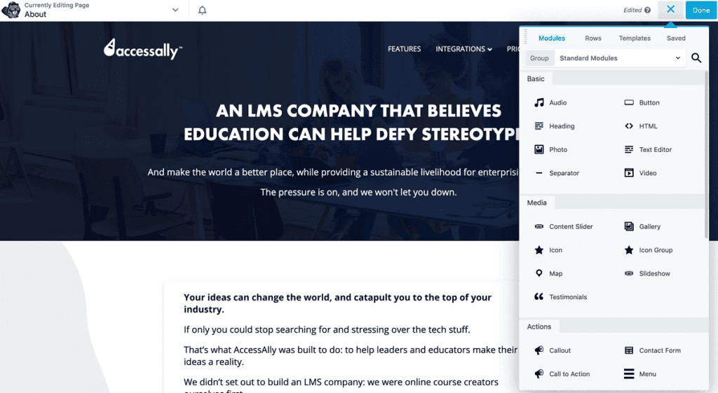 Screenshot of a page being edited with Beaver Builder