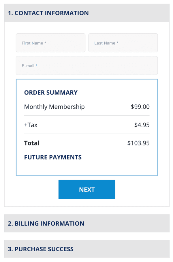 Screenshot of a membership site order form for registering using the AccessAlly plugin