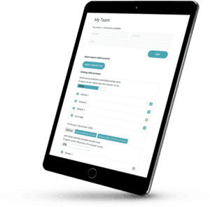 Tablet with a screenshot of a bulk course dashboard for AccessAlly Teams