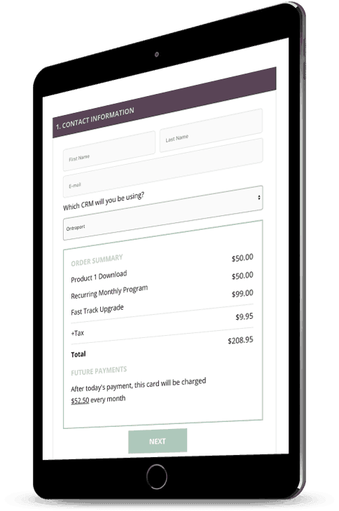 Tablet with a screenshot of a recurring payment order form