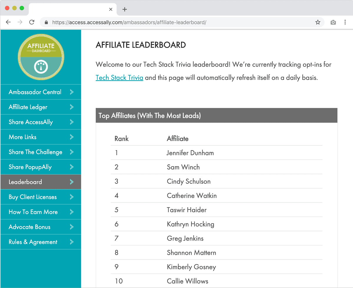 Screenshot of affiliate leaderboard page