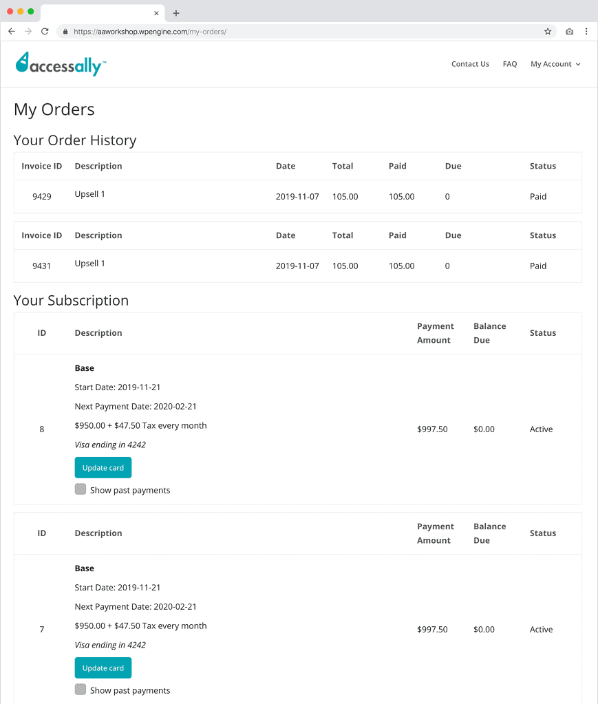 Screenshot of the update credit card page for customers