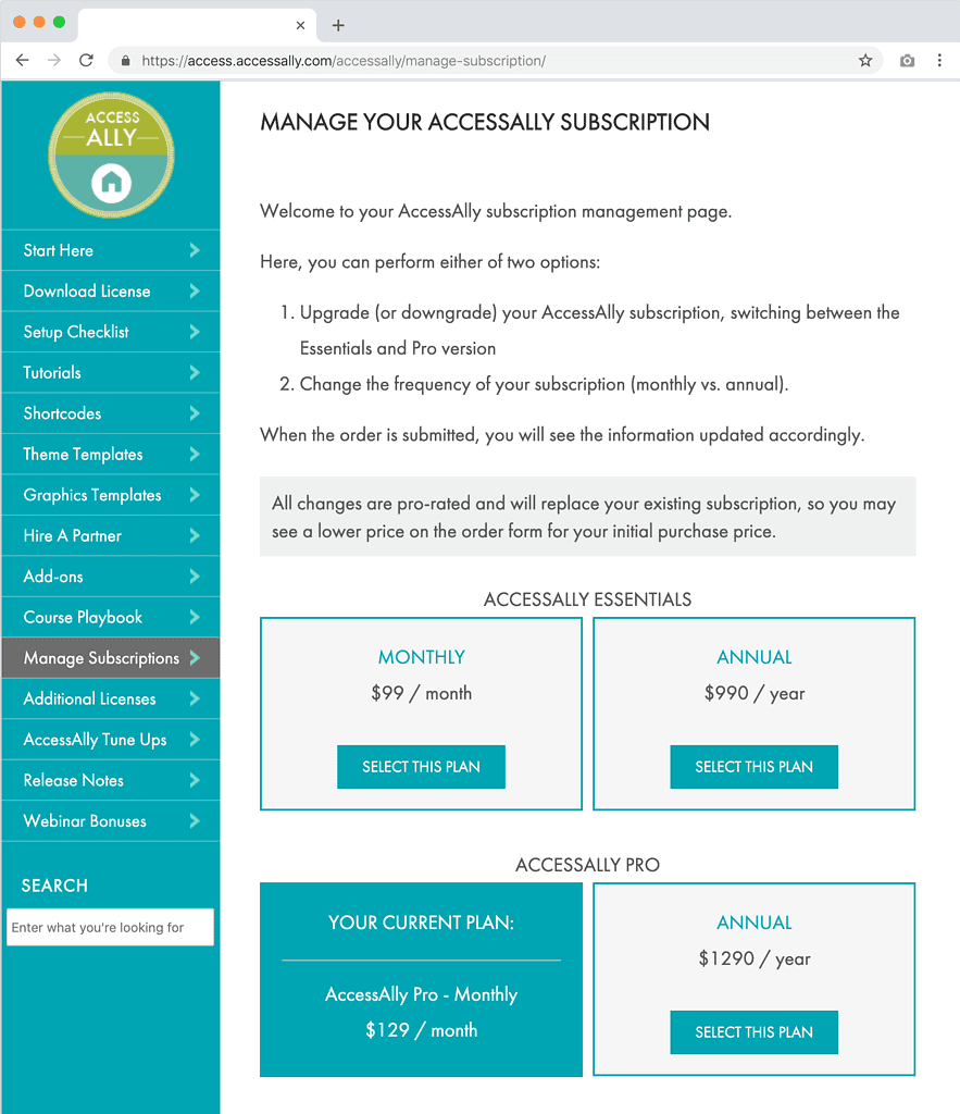 Screenshot of the upgrade and downgrade page
