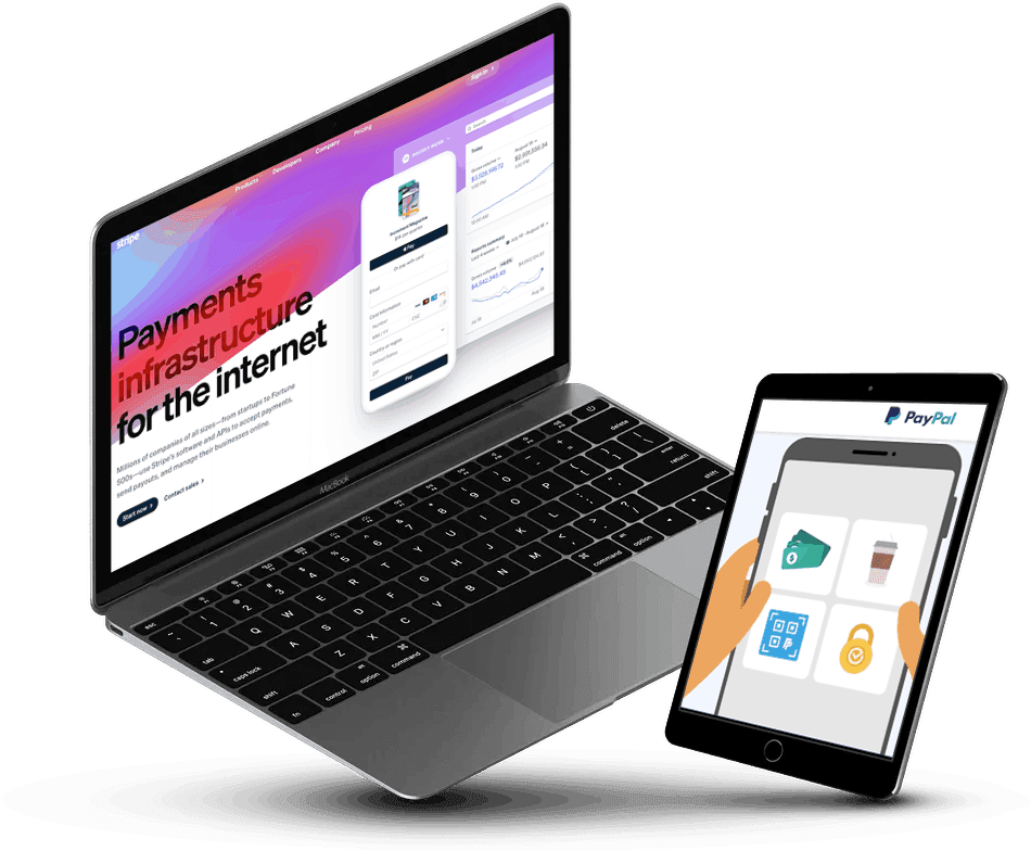 Two devices showing screenshots from PayPal and Stripe