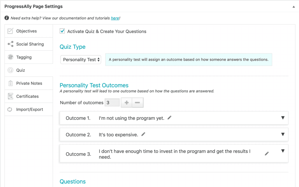 Screenshot of quiz setup