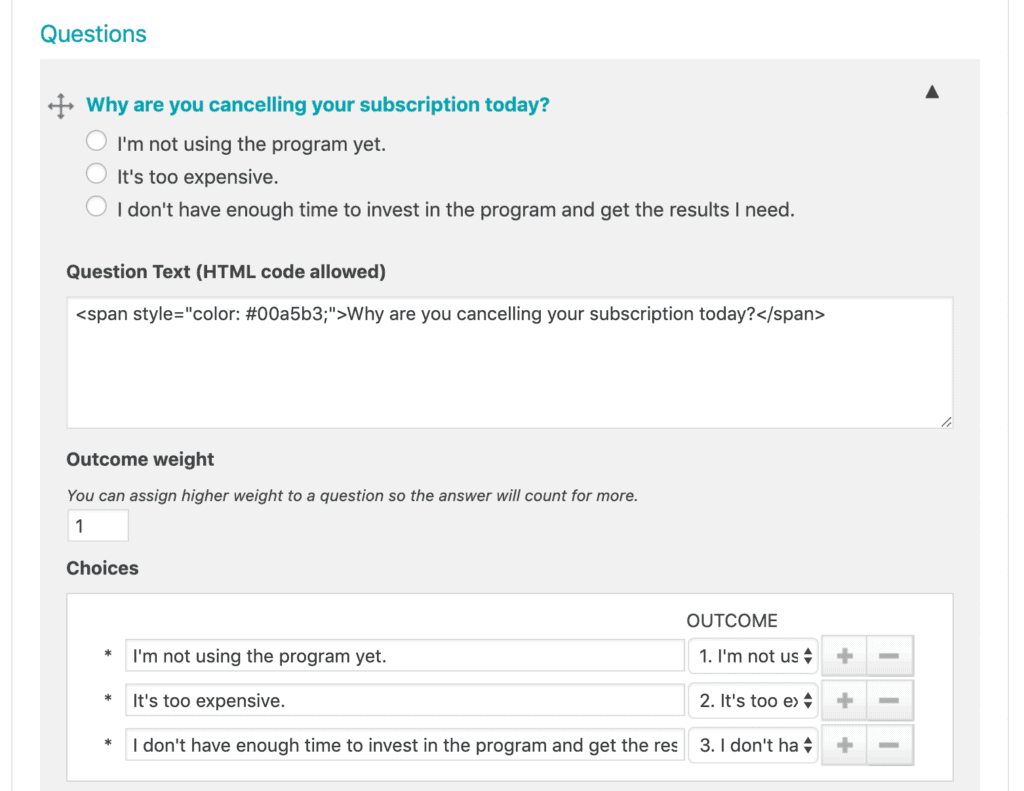 Screenshot of outcomes