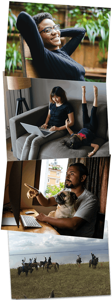Photo of woman smiling, woman working on laptop, man working on laptop, people on horseback