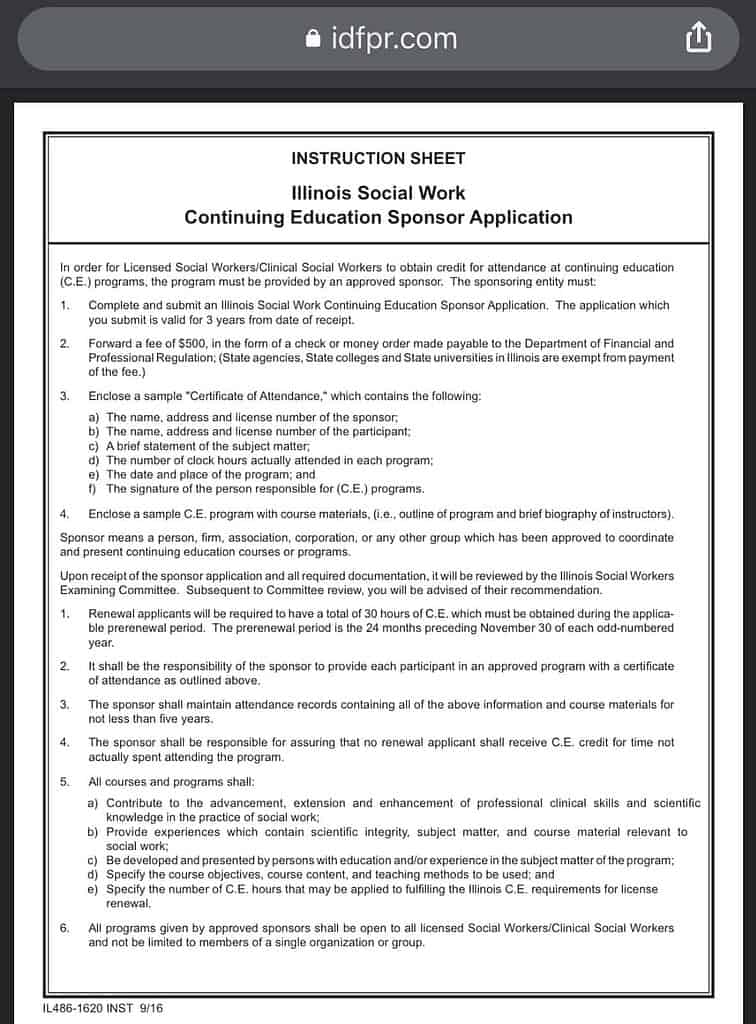 Application for Social Worker CEUs in Illinois 
