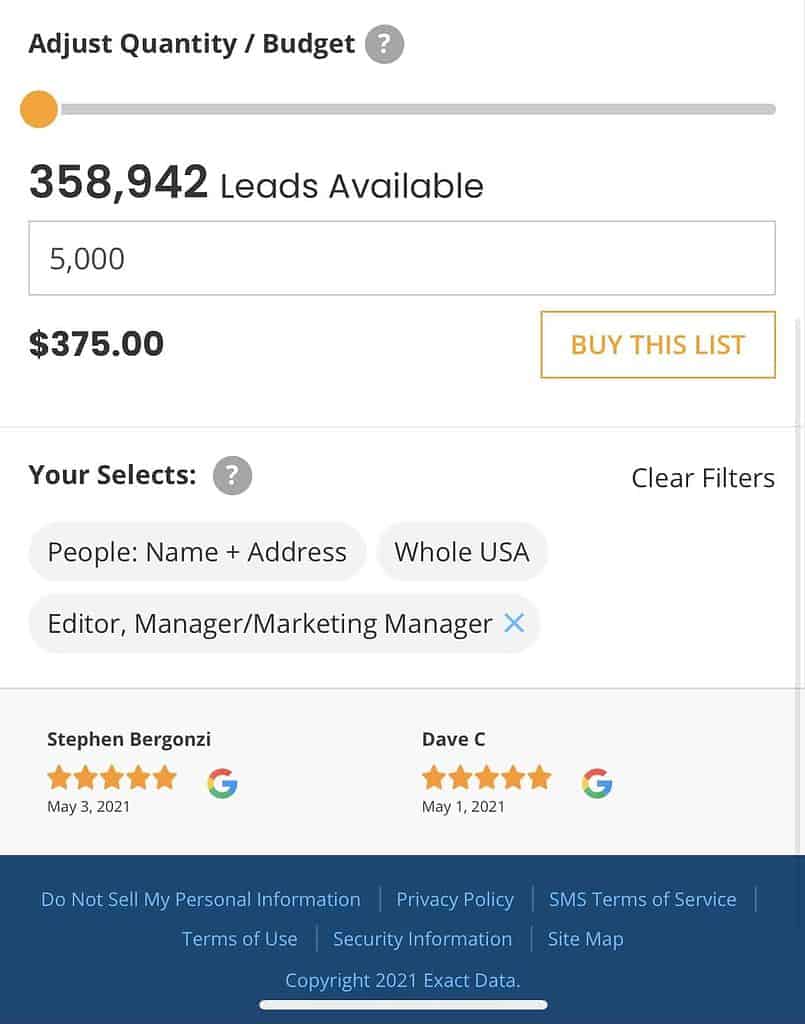 Estimate for Email Address List for Specific Audience Demographic