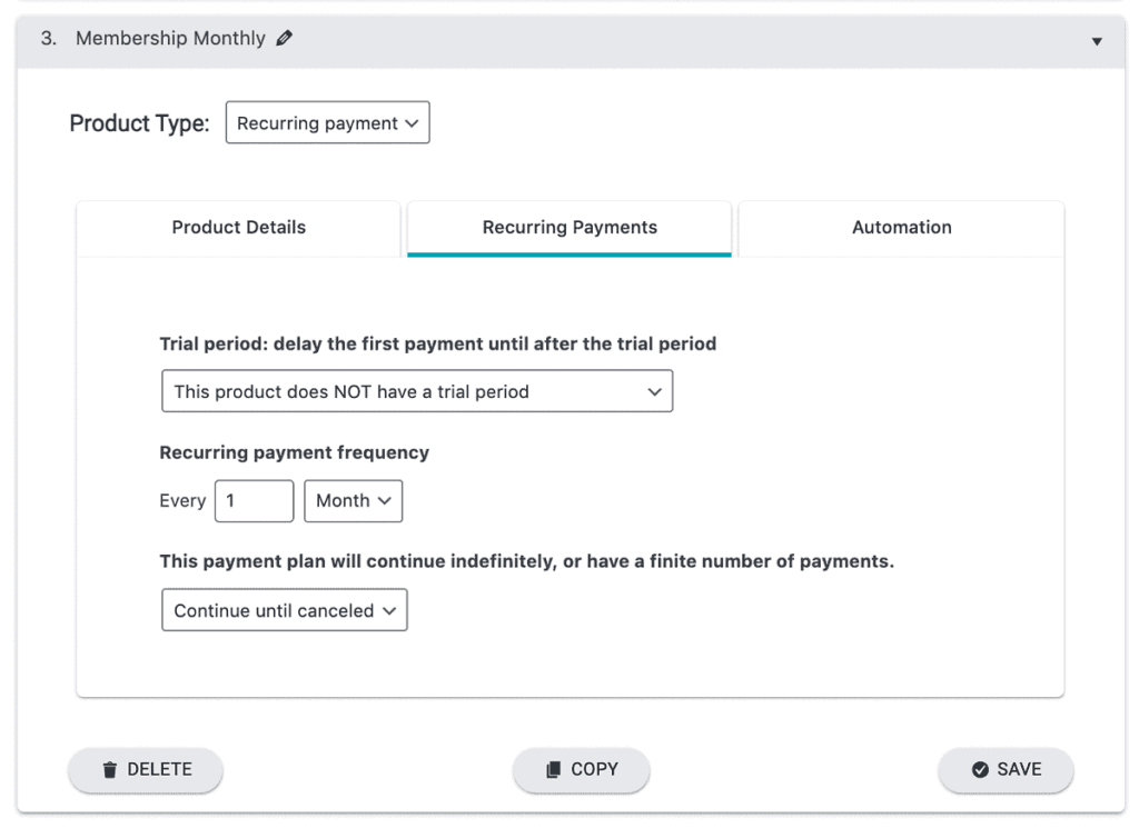 Screenshot showing settings for recurring payments