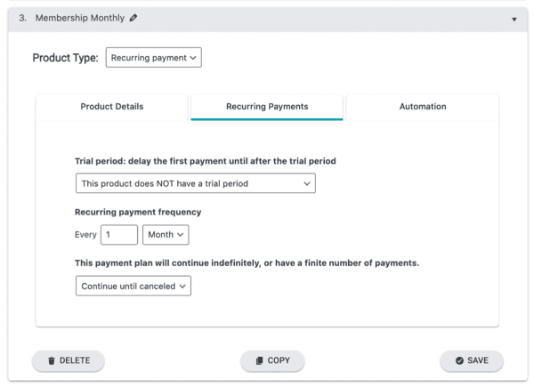 Screenshot showing settings for recurring payments
