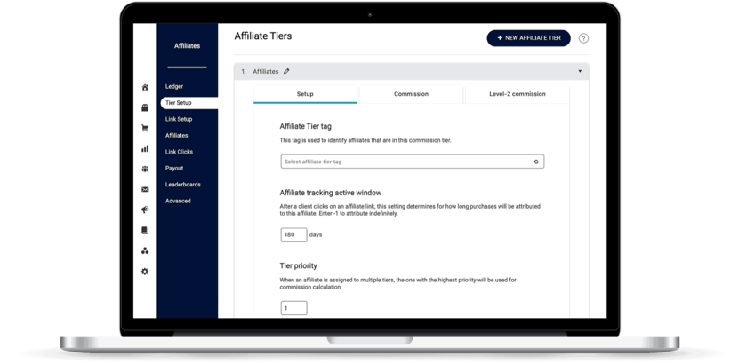 Laptop with affiliate tier setup screen