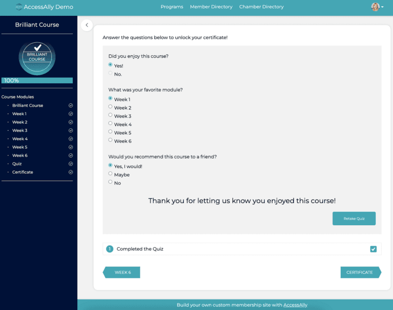 Screenshot of quiz progress