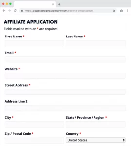 Screenshot of affiliate application form