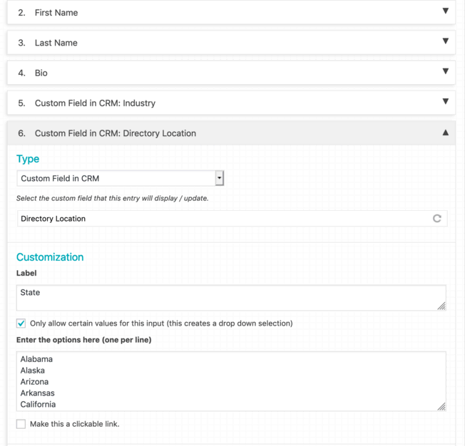 Screenshot of directory fields