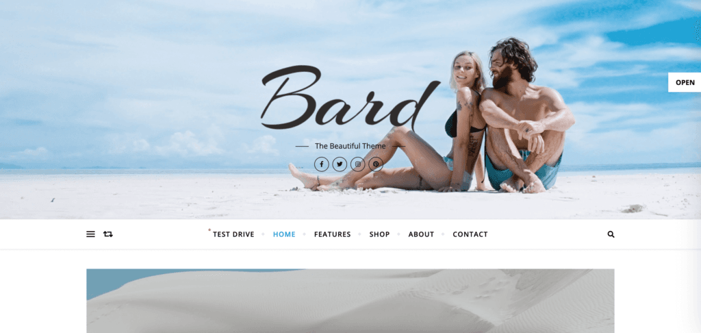 the demo site for Bard, a feminine WordPress theme. Beachy theme with black typography.