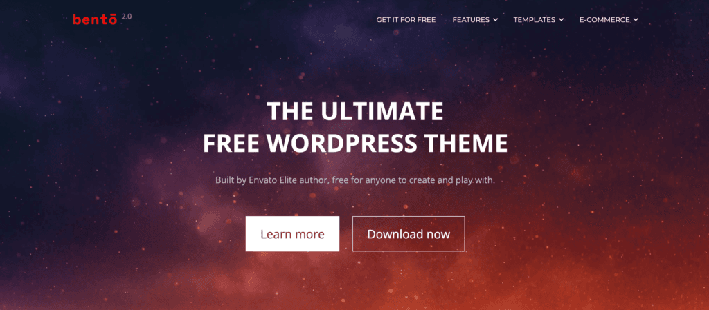 Bento theme demo site. Background is galaxy-like with a dark color to red gradient and stars.