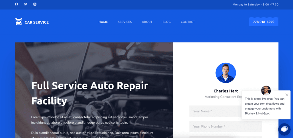 Blocksy theme demo site. Background is royal blue with white text.