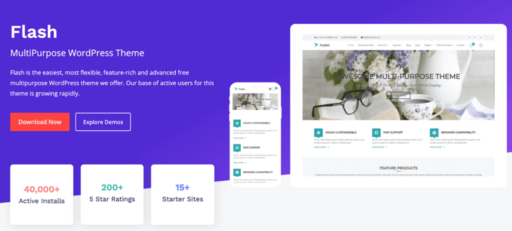 Flash feminine WordPress theme on a deep purple background, with a phone and tablet on the right showing Flash demo sites