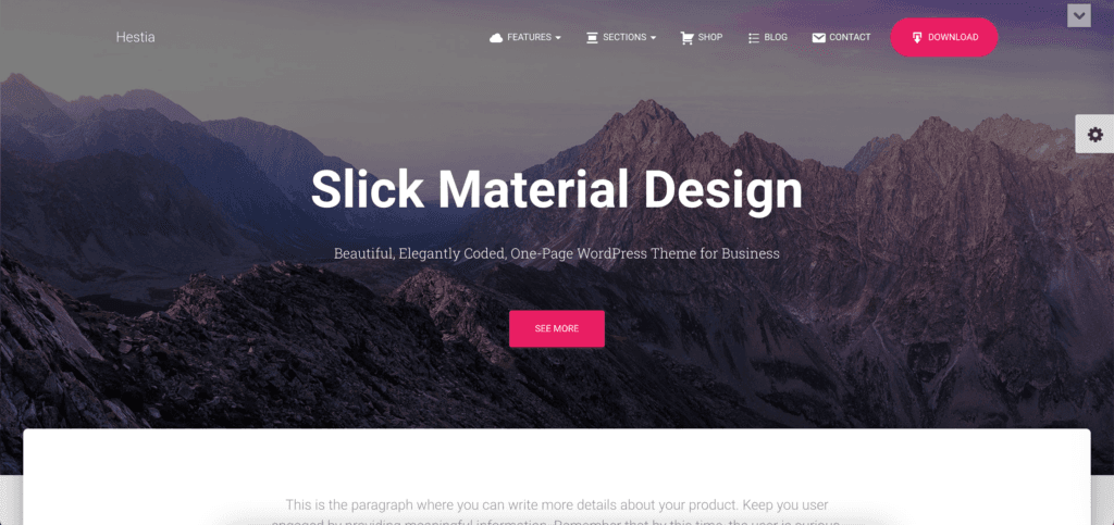 Hestia feminine WordPress theme. Background image has a mountain landscape, text is white and buttons are pink.