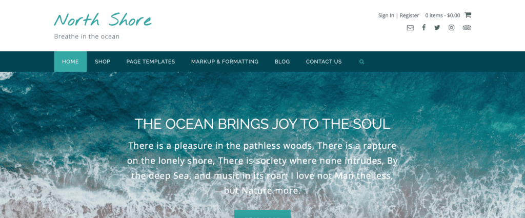 Demo site for North Shore, a WordPress theme with an oceanic style. The background is an image of teal ocean water. 
