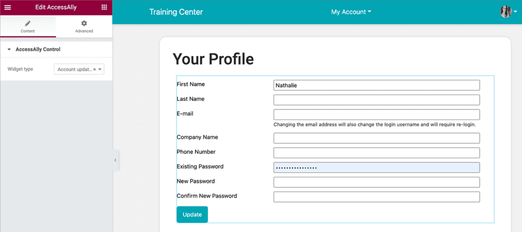 Screenshot of profile page with AccessAlly block