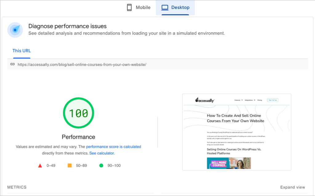 Screenshot of desktop page speed test