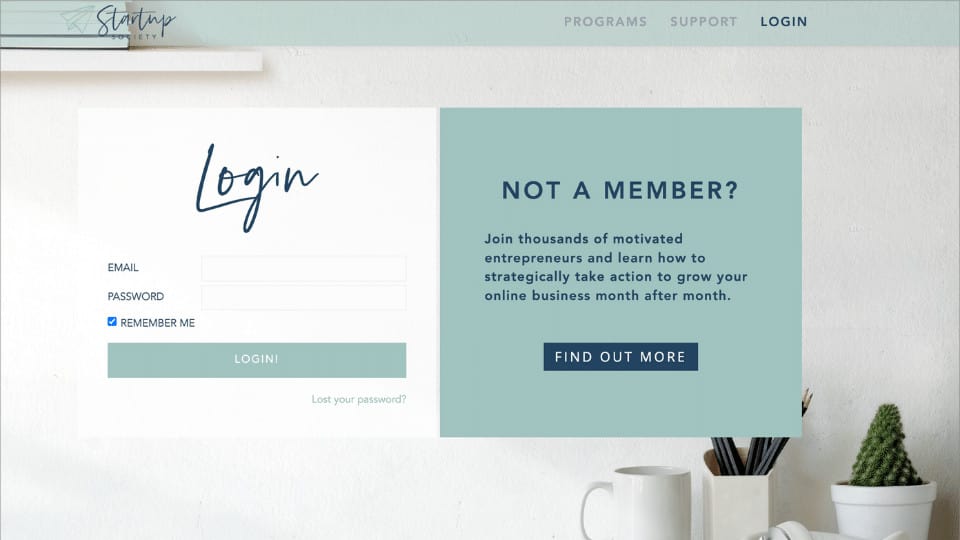 Startup-Society-login - AccessAlly Screenshot of the Startup Society login page