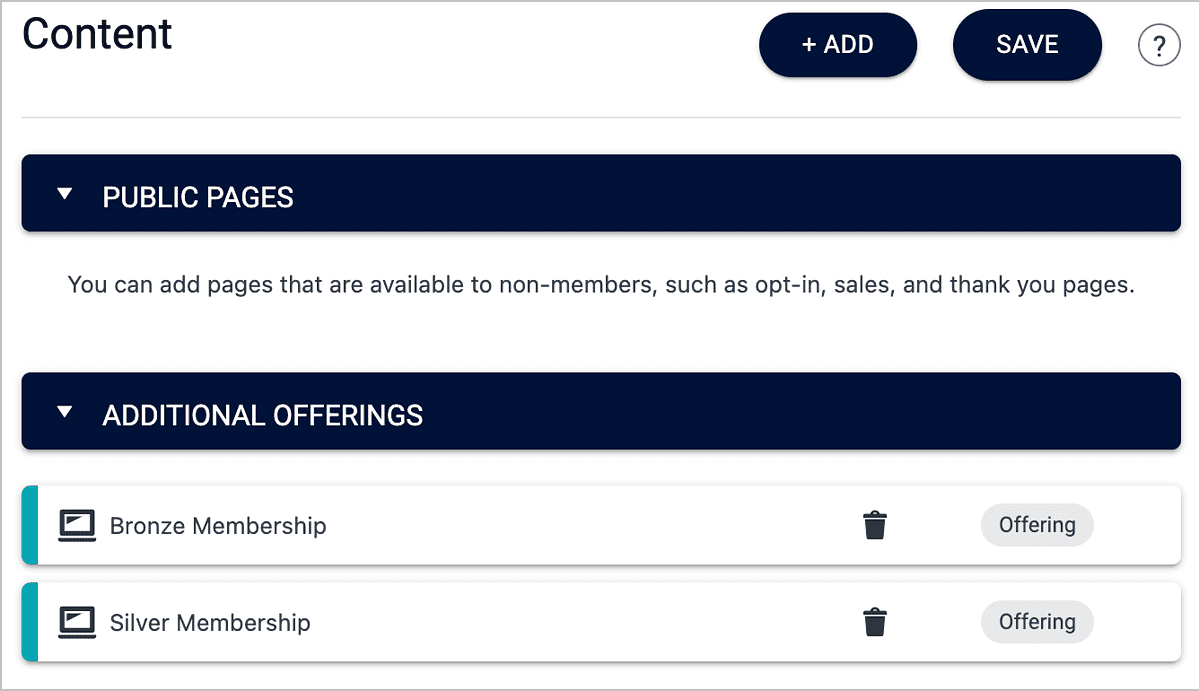 Screenshot of nested offerings