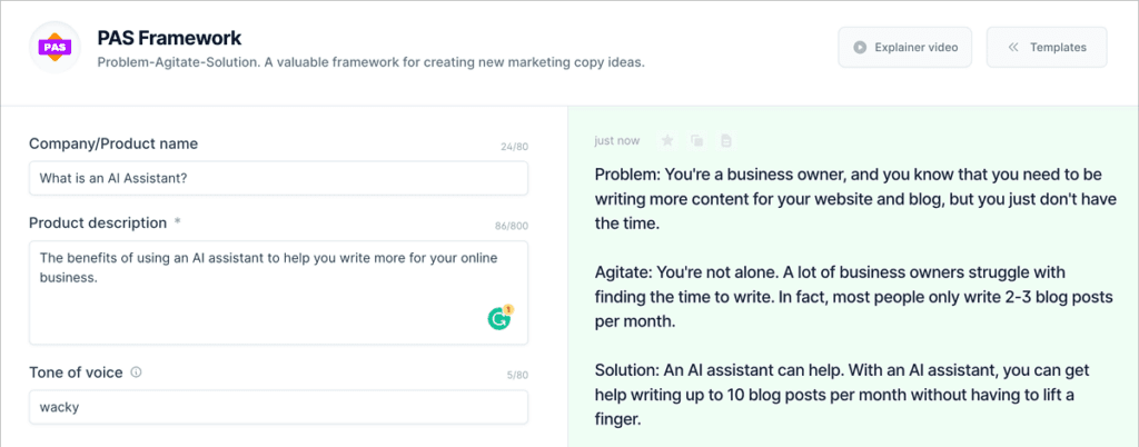Screenshot of Jasper AI PAS framework page