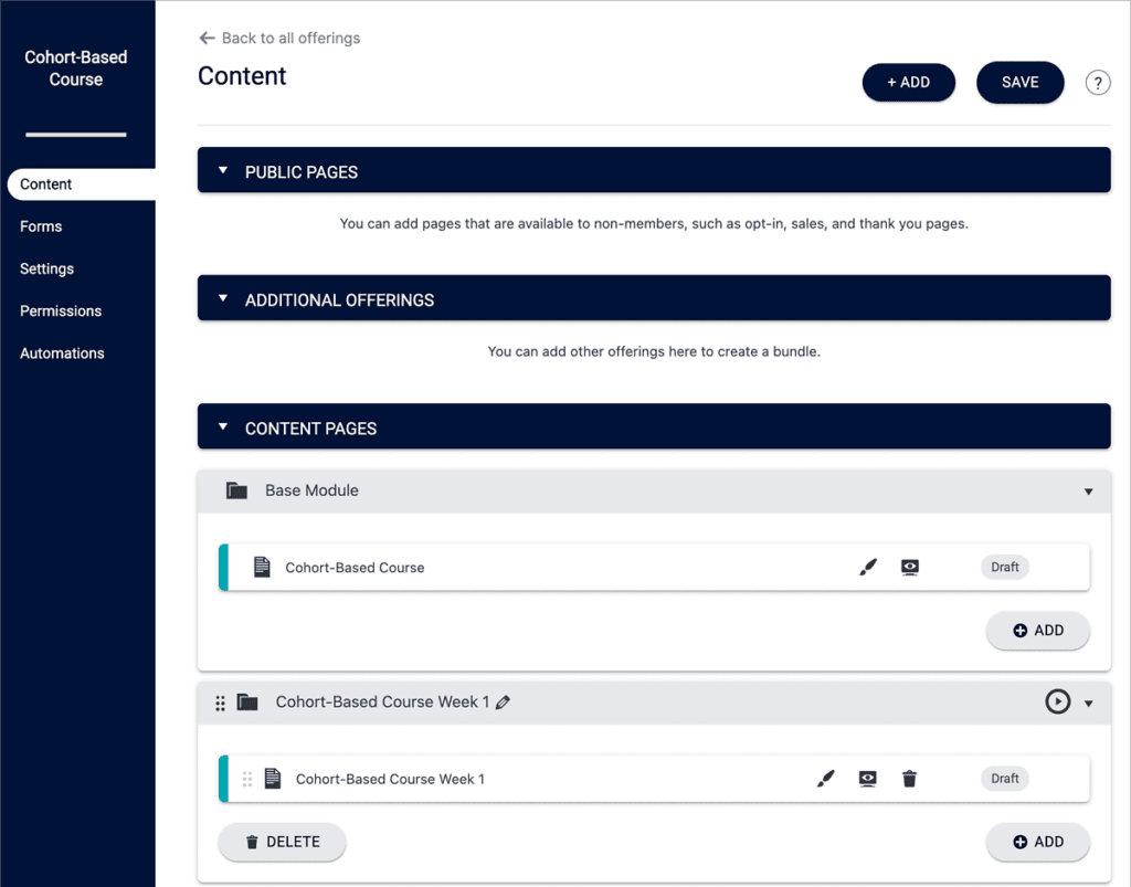 Screenshot of cohort-based course content structure