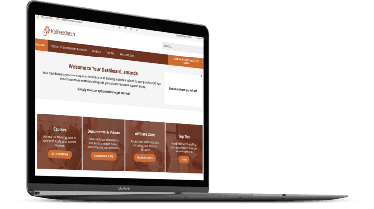 Laptop with a screenshot of the KoffeeKlatch website