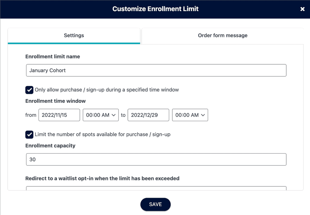 Screenshot of cohort enrollment limits
