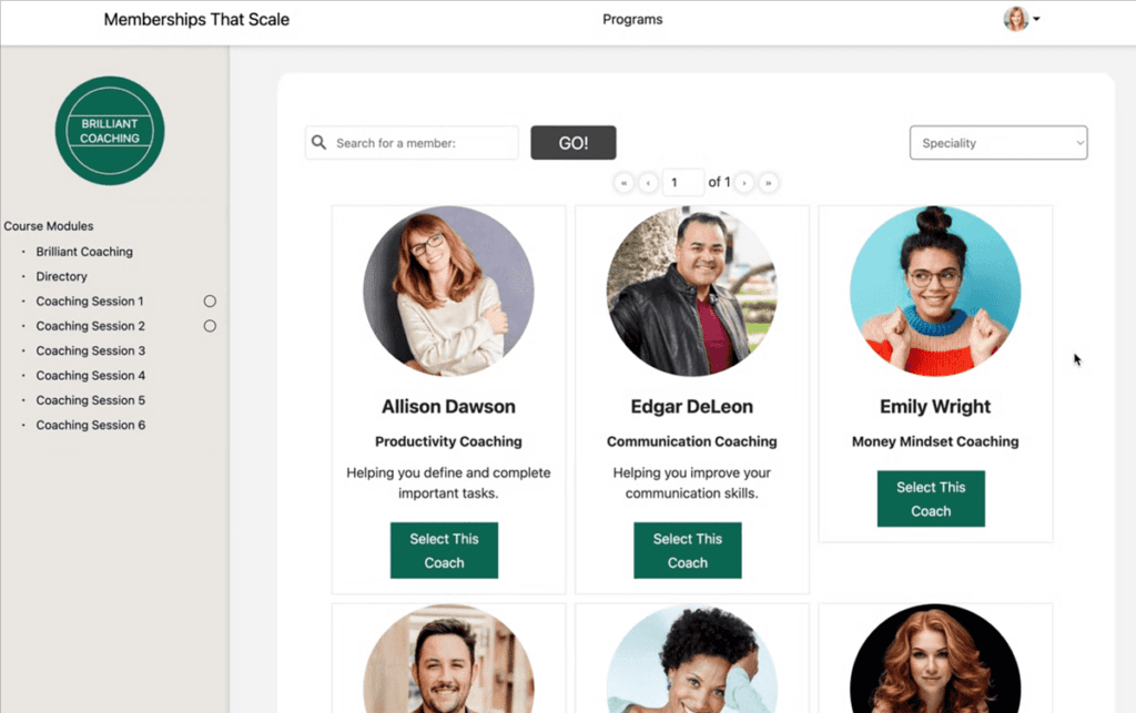 Screenshot of coaches directory