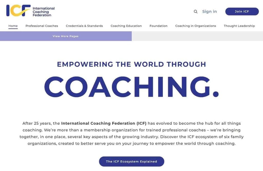 International Coaching Federation (ICF) landing page.
