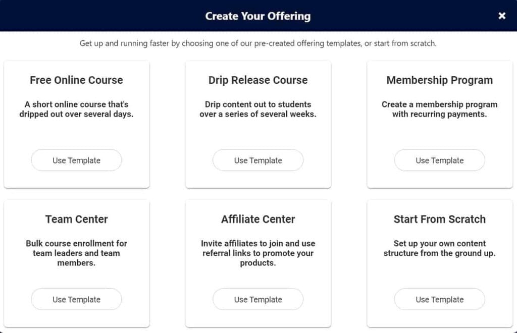 Select the start from scratch option when creating your offering with AccessAlly.