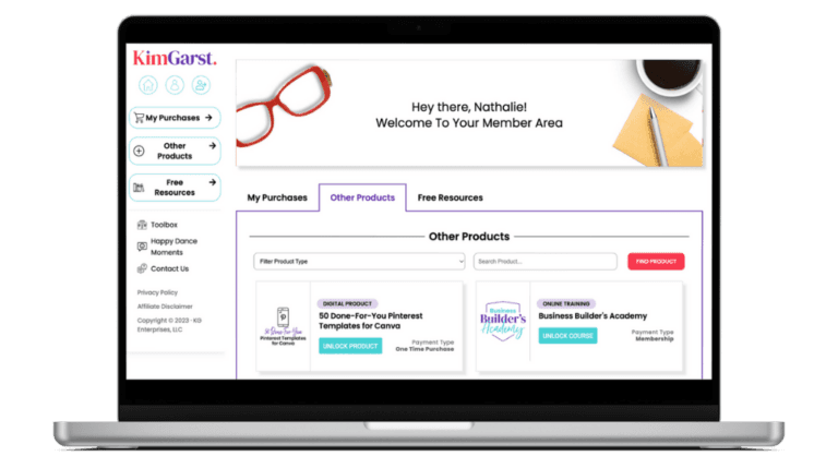Laptop with a screenshot of Kim Garst's membership site