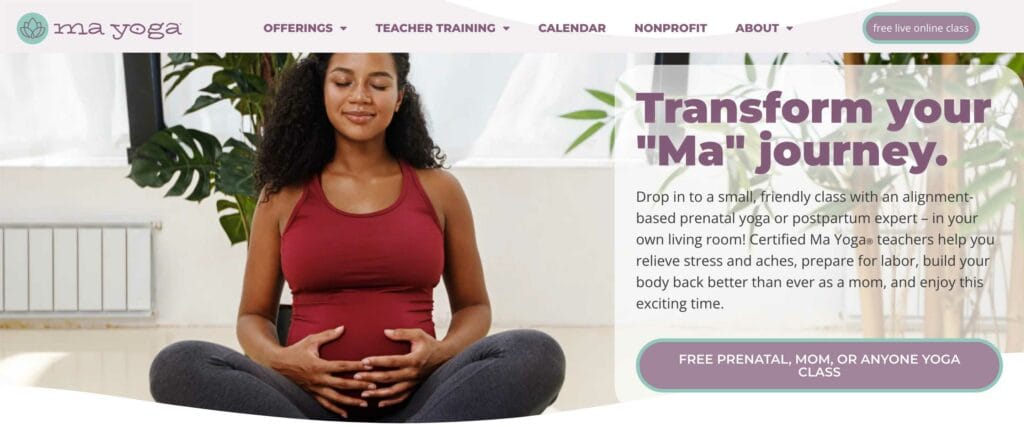 Ma Yoga landing page.