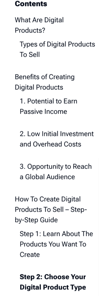 how to create digital products like ebook  table of content example for creating 